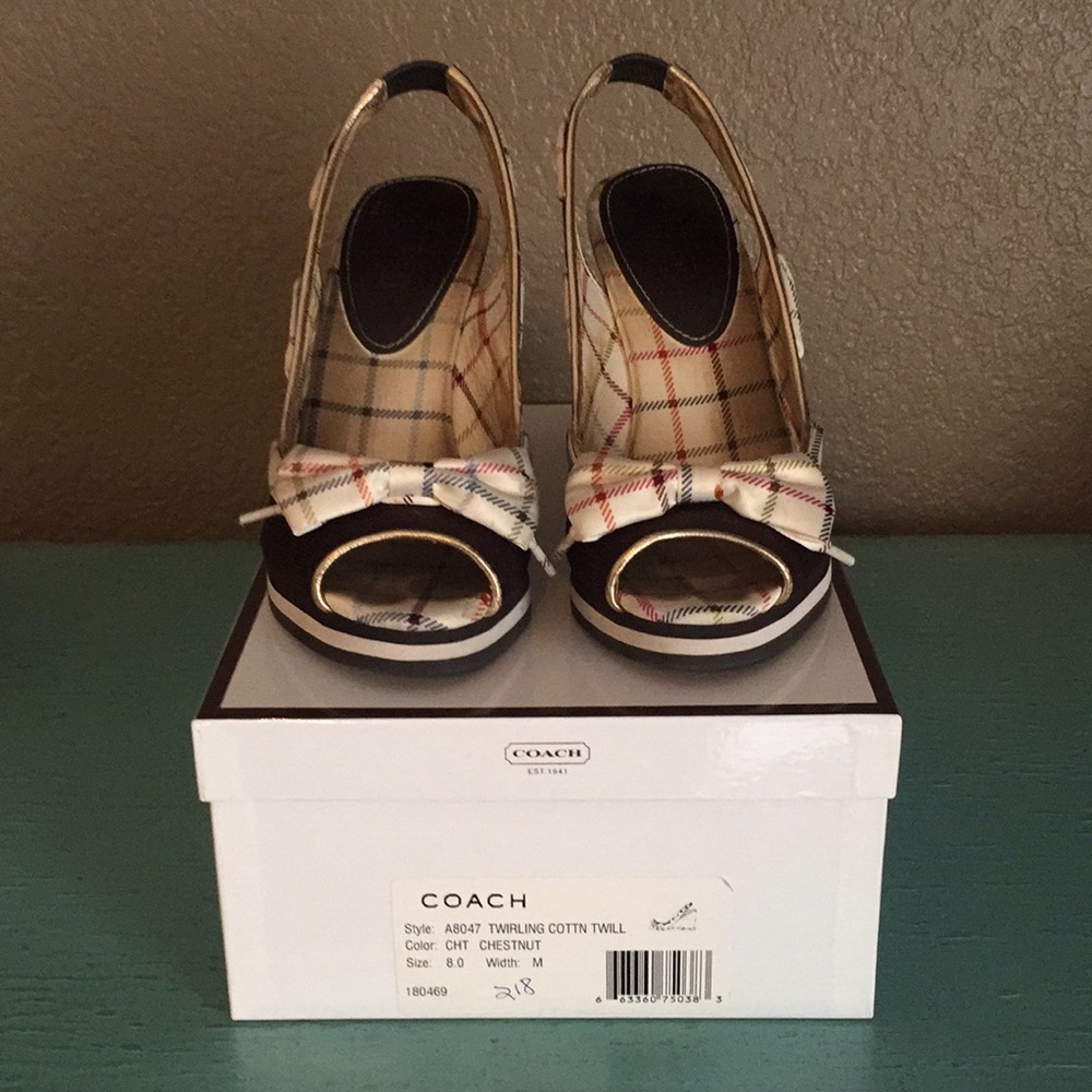 Coach wedges, twirling cotton twill